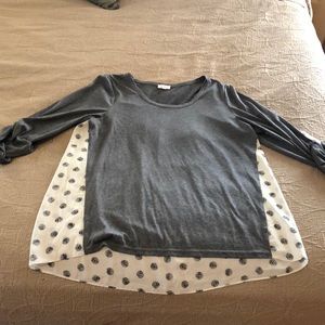 Gray blouse with sheer white section, black dots